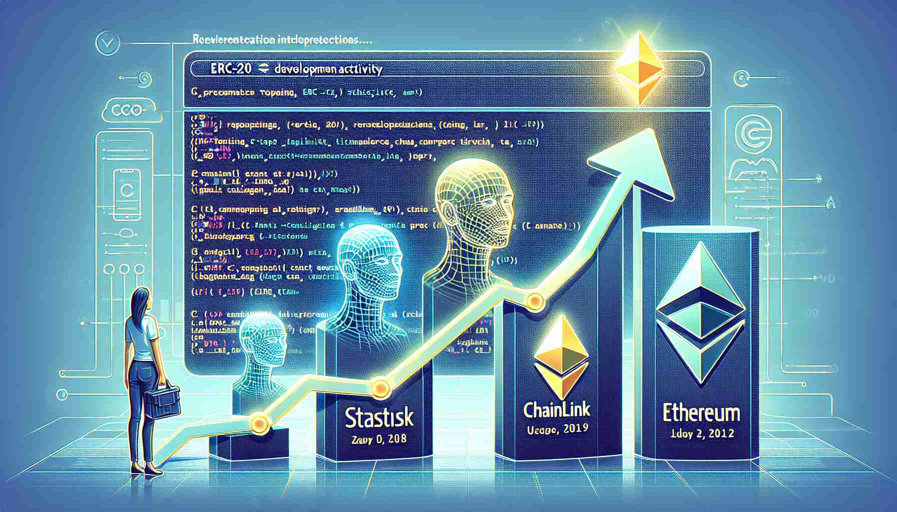 Generate a realistic, high-definition image representing the concept of Chainlink topping the ERC-20 development activity, with Status and Ethereum following close behind. Illustrate this using representations such as rising graphs, code snippets relevant to each platform, and digital imagery for Chainlink, Status, and Ethereum.