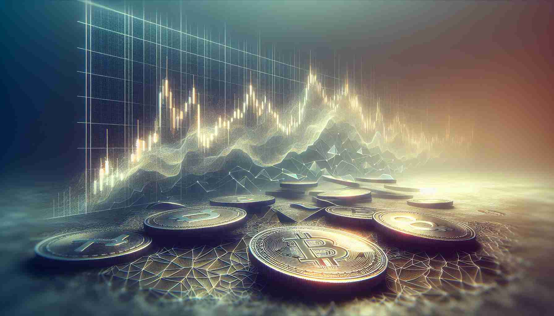 Generate a high-definition image depicting the concept of the cryptocurrency market showing sideways movement, symbolizing investor confidence dwindling. The scene could include a digital chart frozen in a state of stagnation, with hazy, subdued colors representing a muted investor sentiment. Coins that symbolize cryptocurrencies like abstract symbols might be scattered across the image, their luster notably dimmed. The emptiness of the surrounding space could reflect the prevailing uncertainty and caution in the market.