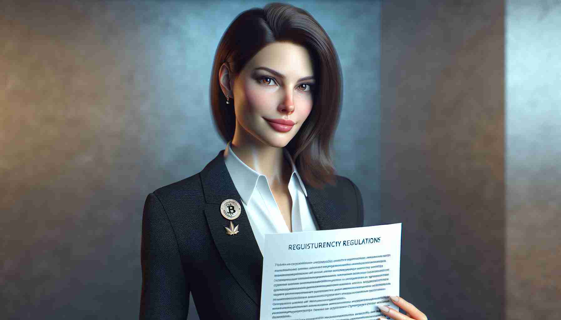 High-definition, realistic image of an esteemed woman legal expert, who is championing innovative approaches in the regulation of cryptocurrency. She has medium-length hair, and is wearing professional attire, with a pin to signify her dedication to the legal sphere. She holds a document related to cryptocurrency regulations with a confident and dedicated expression.