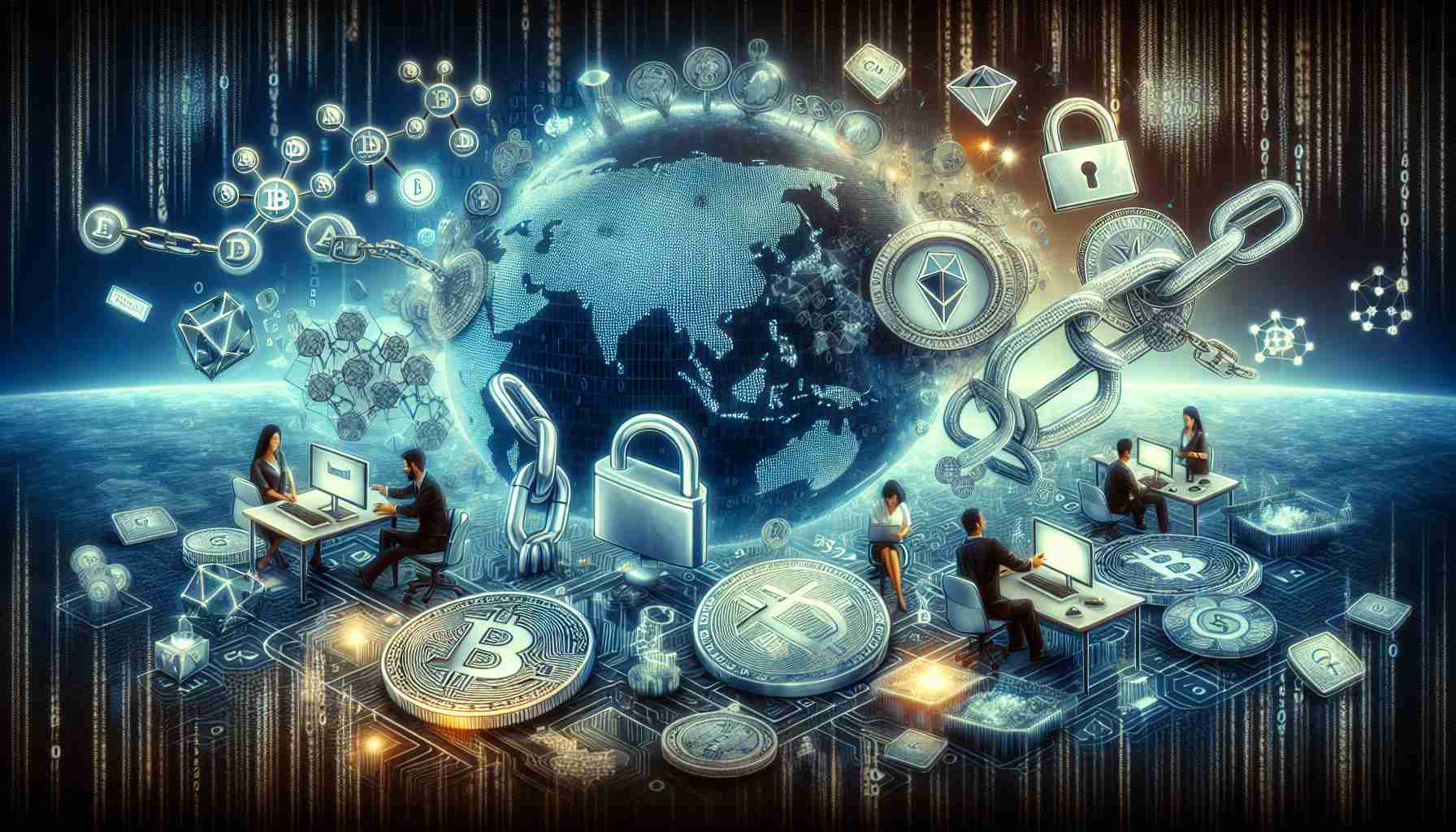 A high-definition artwork that depicts the significant developments in the cryptocurrency sector. The scene should feature a collection of symbolic elements often associated with blockchain and crypto, such as padlocks, chains, encryptions, and binary code. The background could be a global map, demonstrating the worldwide reach and impact of these technologies. For a human touch, include a diverse set of people — an Asian woman and a Caucasian man, for instance — working on computers, symbolizing the various stakeholders and enthusiasts in the crypto world. Please do not include any specific coins or firms to maintain neutrality.