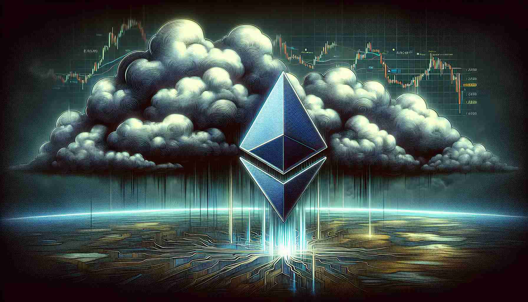 A high-definition, realistic image of an illustration depicting the symbol of Ethereum Classic, a cryptocurrency, portrayed in a turbulent, stormy environment reflecting bearish market signals and financial instability. The atmosphere is gloomy with dark clouds hovering on top, signifying a struggling market scenario linked to the digital asset. There are indicators and charts in the background subtly representing a downward trend in cryptocurrency market trends.