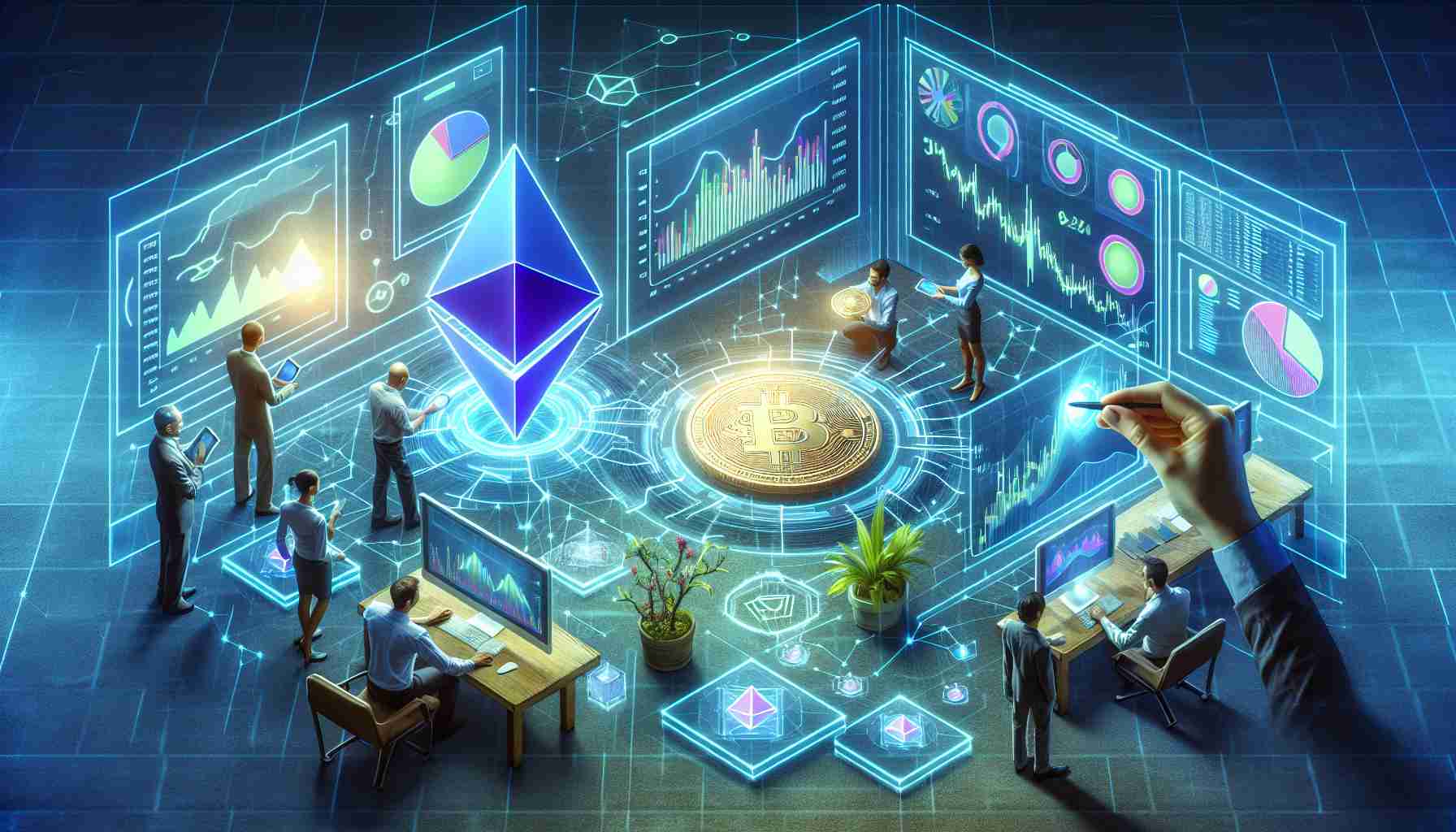 Create a visual representation of significant Ethereum transfers in a realistic, high definition format. Show large investors engaging with the cryptocurrency market, with individual people exploring various market charts and data visualizations on their high-tech devices.