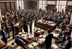 A detailed and realistic image depicting the scene of a courtroom where lawyers are engaged in a heated debate over a penalty claim with regards to a financial lawsuit. The room is filled with a mix of men and women, of diverse descents including Hispanic, Caucasian, Black, South Asian, and others, working as judges, lawyers, and court attendees. The environment should convey tension and seriousness. On the wooden furniture, there are piles of legal documents. One of the lawyers, a Middle-Eastern woman, is standing and presenting her arguments, while a Caucasian man on the opposite side prepares his rebuttal.