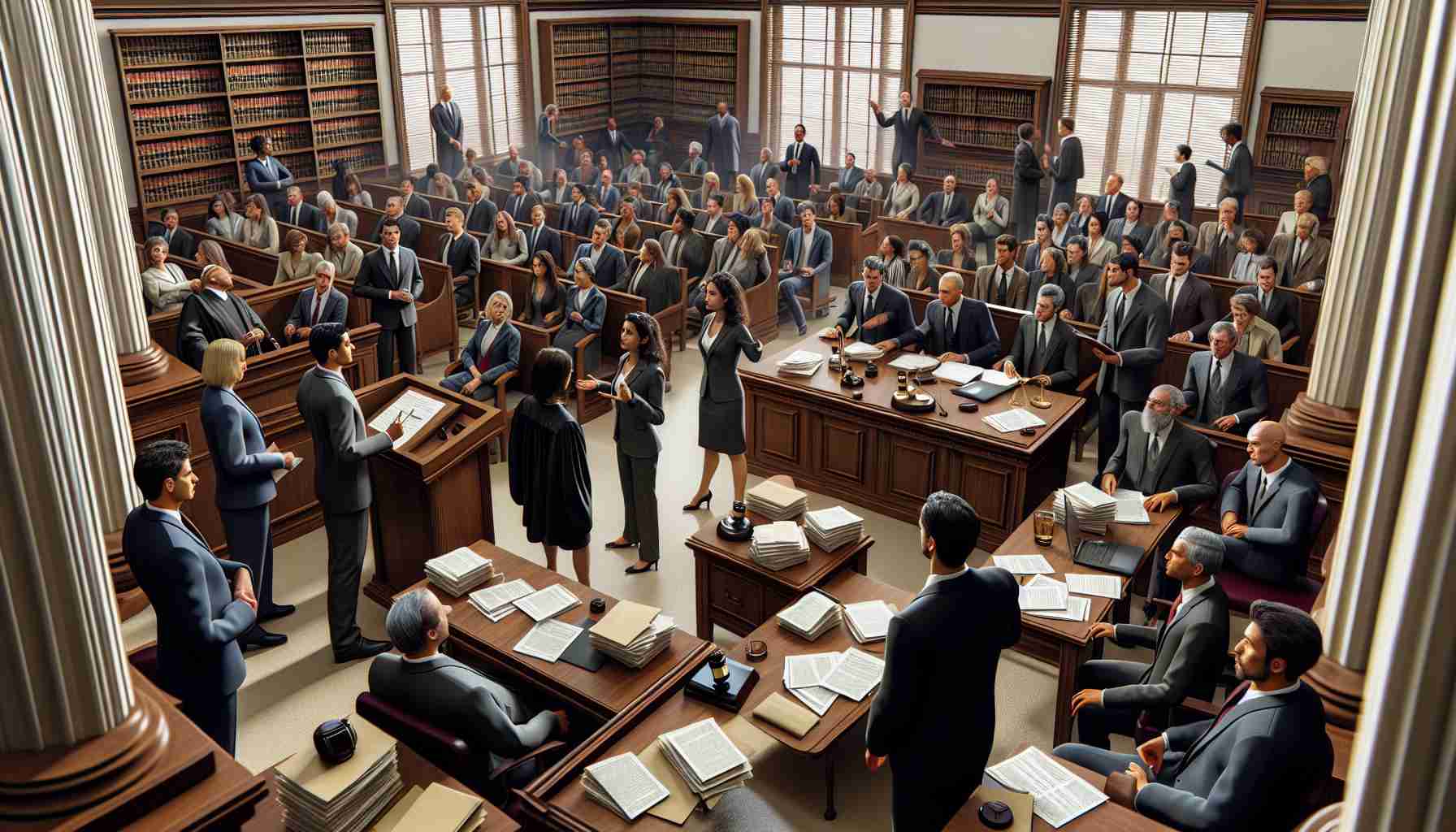 A detailed and realistic image depicting the scene of a courtroom where lawyers are engaged in a heated debate over a penalty claim with regards to a financial lawsuit. The room is filled with a mix of men and women, of diverse descents including Hispanic, Caucasian, Black, South Asian, and others, working as judges, lawyers, and court attendees. The environment should convey tension and seriousness. On the wooden furniture, there are piles of legal documents. One of the lawyers, a Middle-Eastern woman, is standing and presenting her arguments, while a Caucasian man on the opposite side prepares his rebuttal.