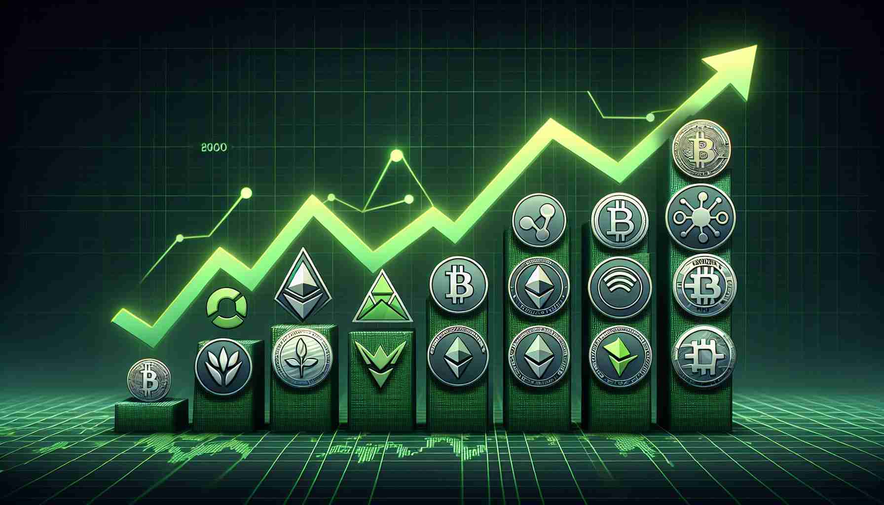 Generate a high-definition, realistic image showcasing the logos of alternative cryptocurrencies that are in a position for recovery. Arrange them in an ascending order from left to right, based on their predicted recovery potential. Use a background design that symbolizes growth and resurgence, perhaps with green upward arrows and graphs.