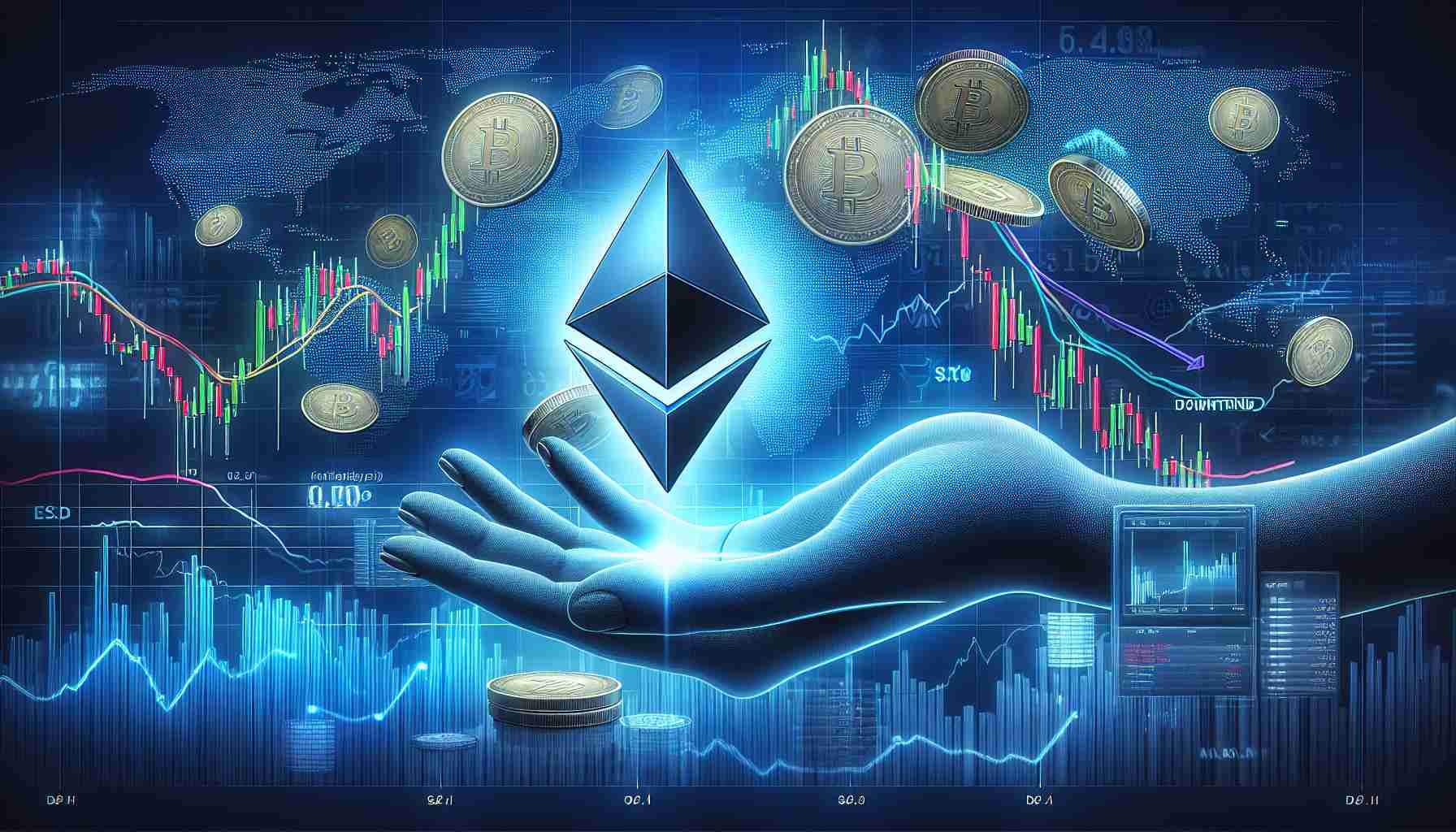 Create a highly realistic image depicting a fictional upcoming launch of an Ethereum Exchange Traded Fund (ETF) by a non-specific financial organisation. Incorporate elements that signify a declining market - perhaps through a graph with falling lines or downtrend symbols. Ensure the image looks like it belongs to an HD financial news broadcast.