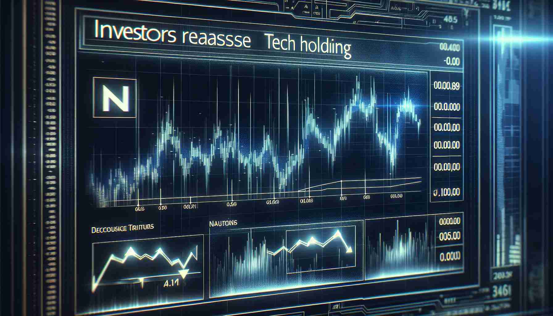 Generate a realistic high-definition image of a digital chart showing a downward trend, symbolizing a dip in the market value of a famous tech company. The chart should have graphs and numerical indicators representing decreasing values. The title of the chart should read 'Investors Reassess Tech Holdings'. The company's logo, a stylized letter 'N', can be seen faintly in the background of the chart.