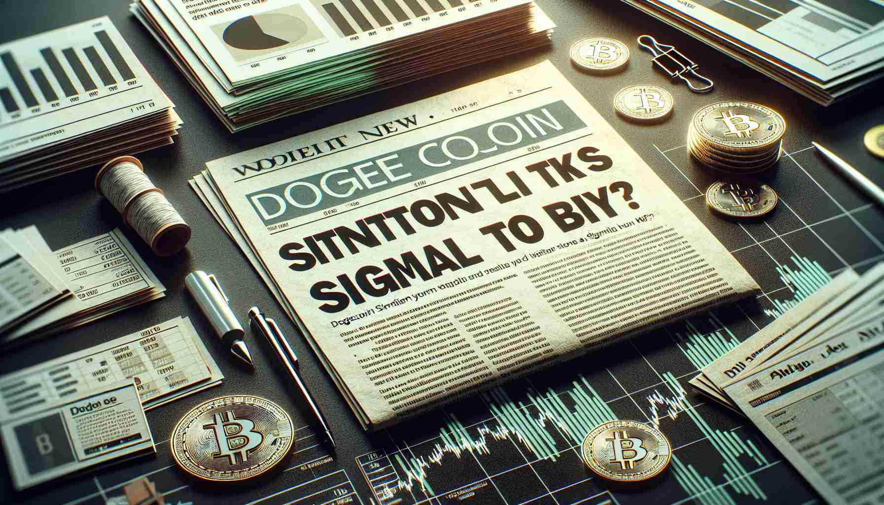 High-definition, realistic image display of a piece of news headline reading 'Dogecoin Sentiment Hits Yearly Low: A Signal to Buy?' Illustrate this in the context of a financial desk with scattered charts, graphs, a ticker tape, and news clippings. The main focus should be on the headline. Create a suspenseful atmosphere with the use of muted tones and high contrast.