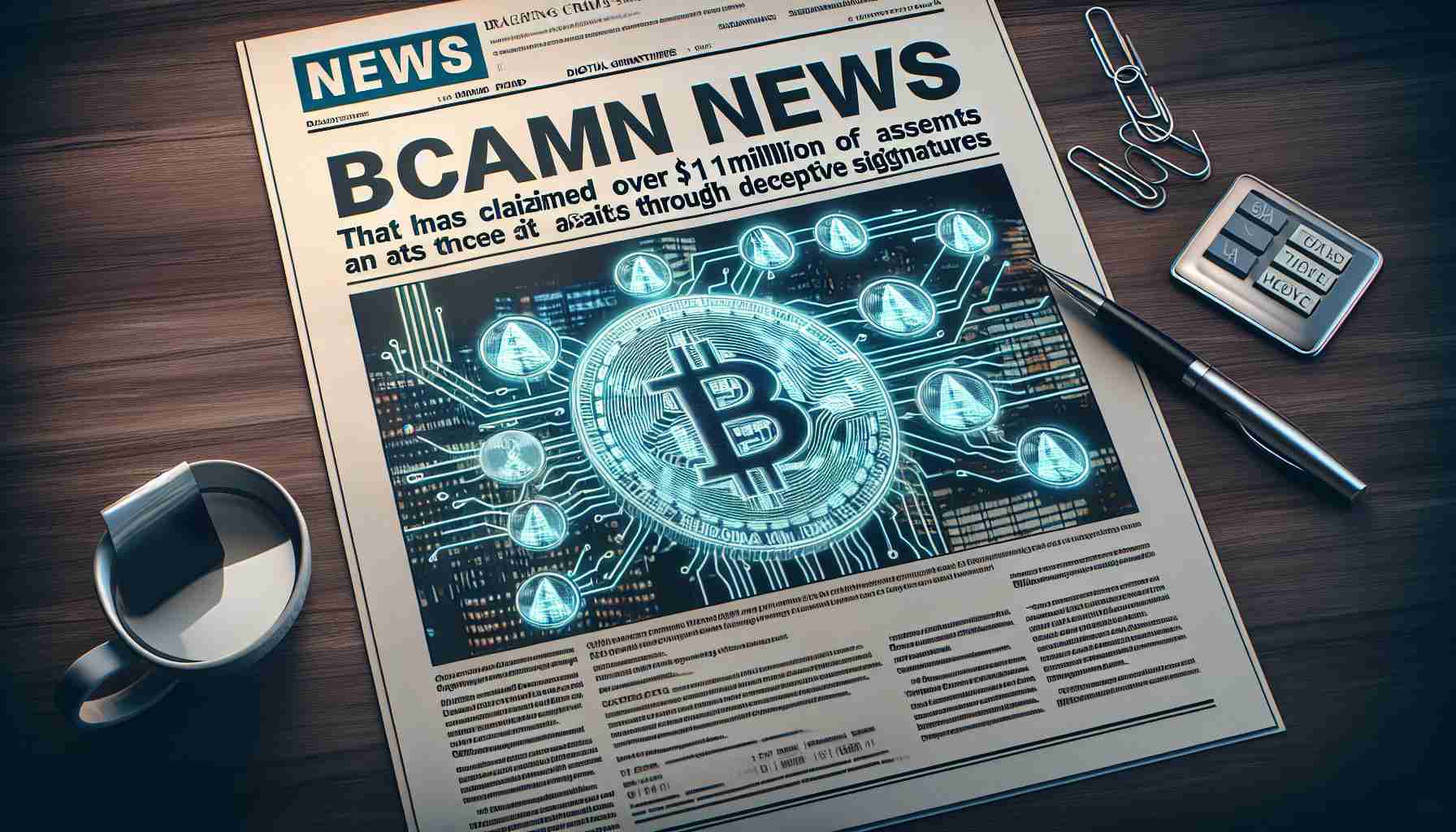 Generate a high-definition, realistic image of an article headline suggesting a cryptocurrency scam that has claimed over $11 million in assets through deceptive signatures. This image should show the headline in a breaking news format, targeting a digital crime or fraud scenario. It should not feature any real people or personal information but instead, suggest the magnitude of the scam and the means (deceptive signatures) employed.