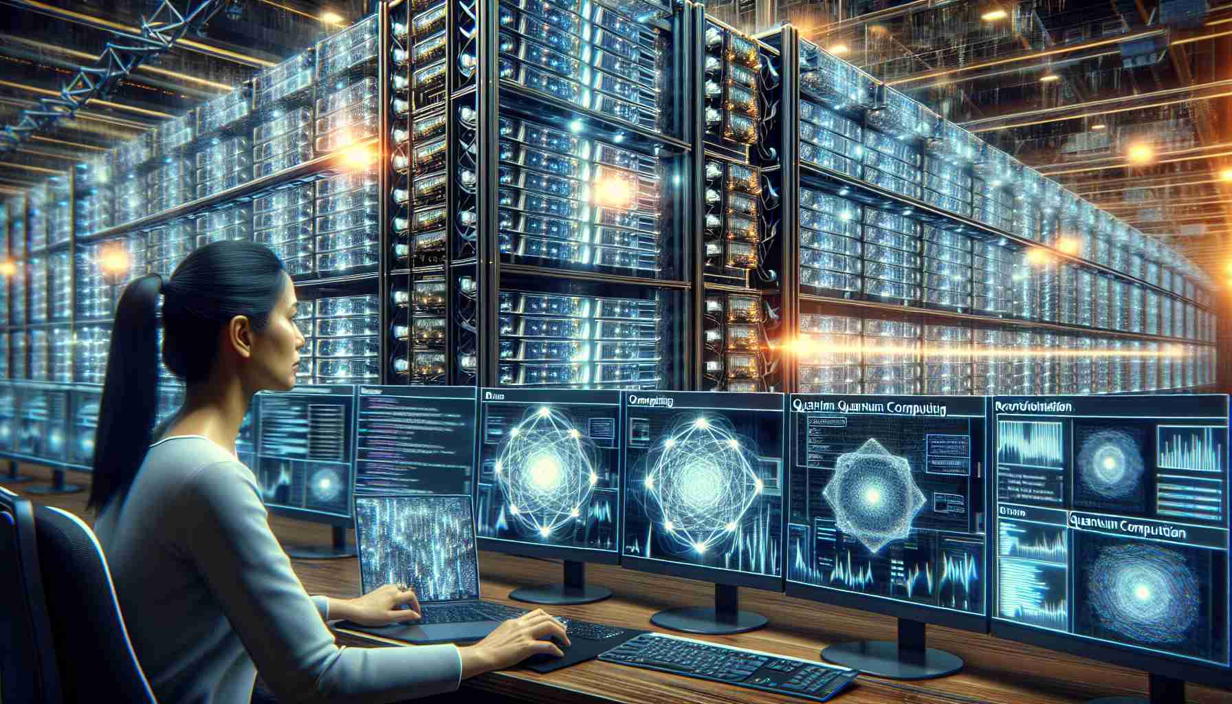 A realistic, high-definition image showing the concept of innovative Bitcoin mining. The scene displays AI-guided servers stacked in a grand network centre, bustling with digital activity, along with a depiction of quantum computing machinery: dynamic, glowing designs indicating brisk cryptographic computations. In the foreground, a female South Asian coder is attentively monitoring the data flow on multiple screens, her expression intensely focused. This image should symbolize the revolutionization of Bitcoin mining with Quantum Blockchain Technologies harnessing artificial intelligence and quantum computing.