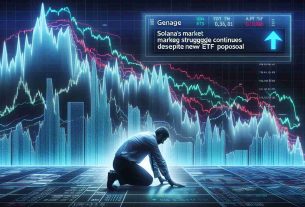 Generate a high-definition, realistic image representing a struggling market shown as downtrend charts or falling graphs, with the text 'Solana's Market Struggle Continues Despite New ETF Proposal' displayed prominently.