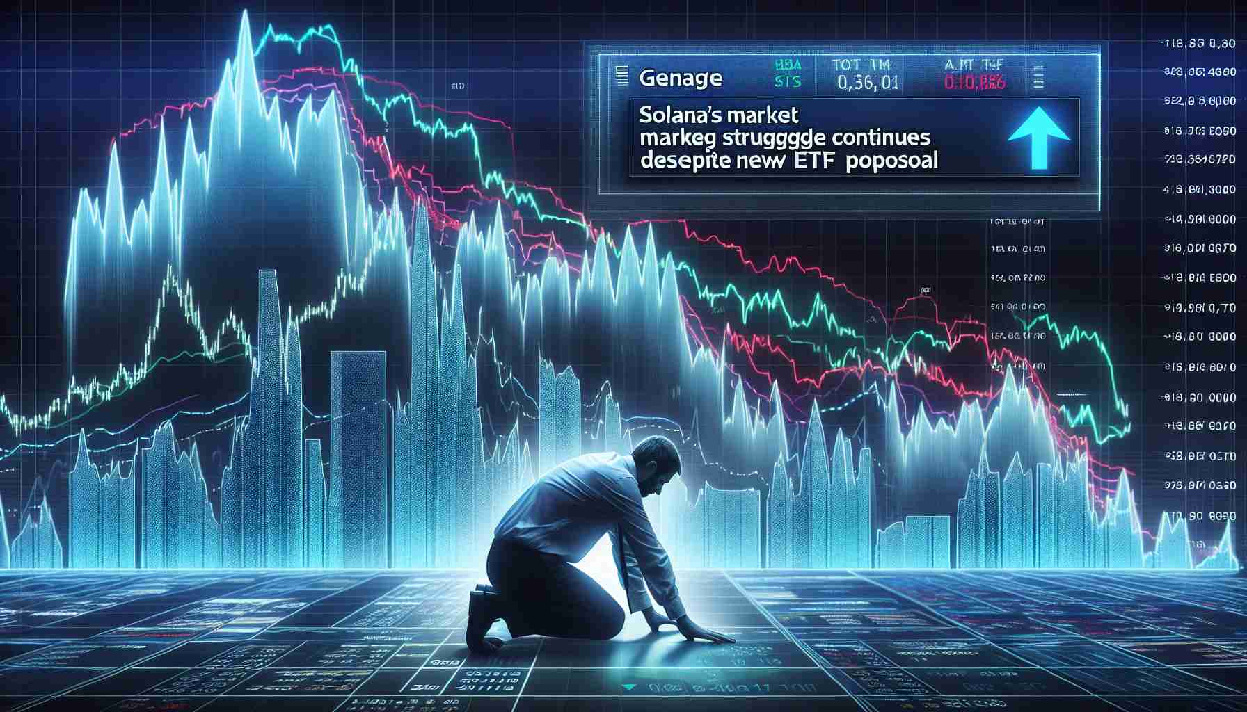 Generate a high-definition, realistic image representing a struggling market shown as downtrend charts or falling graphs, with the text 'Solana's Market Struggle Continues Despite New ETF Proposal' displayed prominently.