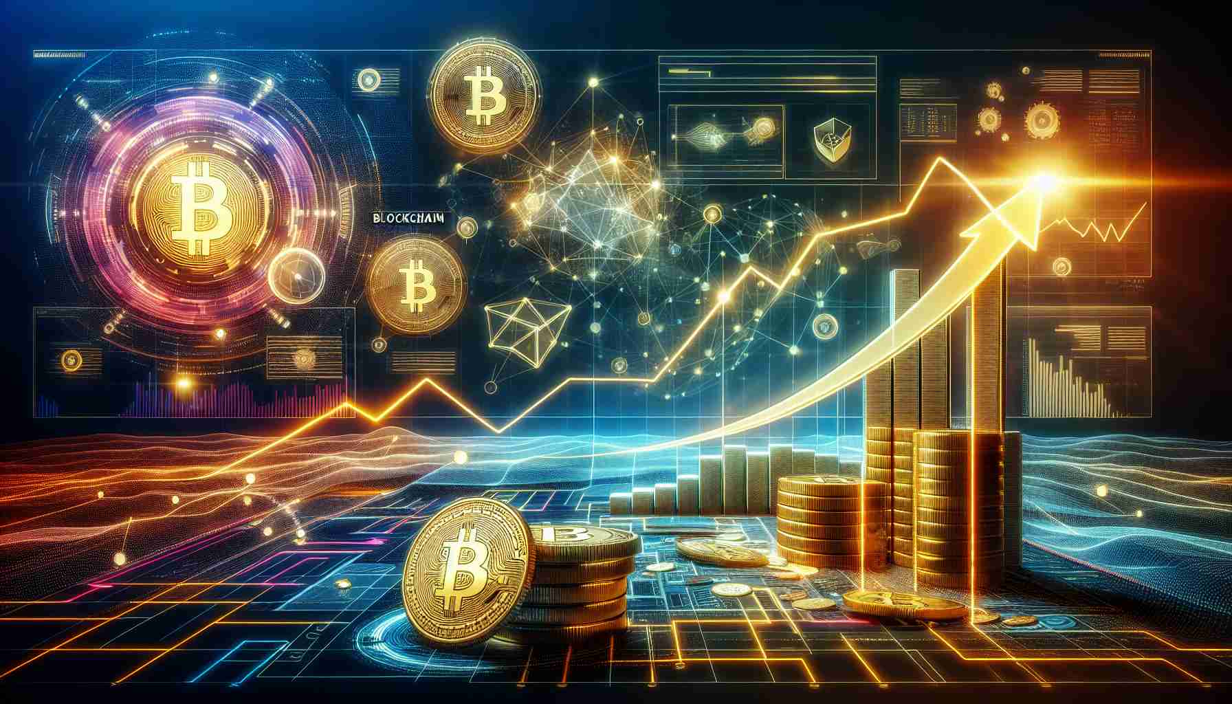 A high-definition image depicting the resurgence of cryptocurrency. Imagine a digital infographic with key elements such as a moving line graph showing the rising value of bitcoin, some blockchain diagrams, and imagery of physical bitcoins. Use vivid colors for clarity. The scene should also have an abstract representation of a path or route through a complex network to symbolize the act of navigation. Include an elegant, bold title at the top: 'Navigating the Crypto Resurgence: The Case for Bitcoin Investment'.