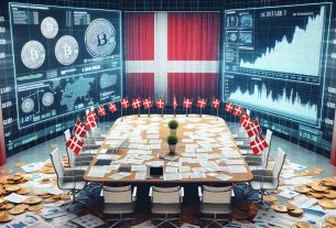 Create a hyper-realistic and high-definition image of a scene representing Denmark considering regulatory measures for self-custody cryptocurrency wallets. The image should include a large table filled with papers, charts, and diagrams related to cryptocurrency. Danish flags should be subtly incorporated into the design. Also, include a digital screen showing fluctuating crypto values in the background. Please avoid showing any specific individuals in the scene.