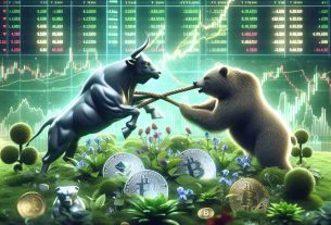 Generate a hyper-realistic, high-definition image symbolizing resilience in the cryptocurrency market. Depict a bull and bear in a tug-of-war, with the bull gaining the upper hand, symbolizing a rally. Surround them with garden-themed flora, silver and gold coins with blurred crypto logos. The background is a market chart with prominent green positive spikes over a stock market screen. The digital screen is glowing with data charts, numbers and graphs that indicate a healthy and growing market.