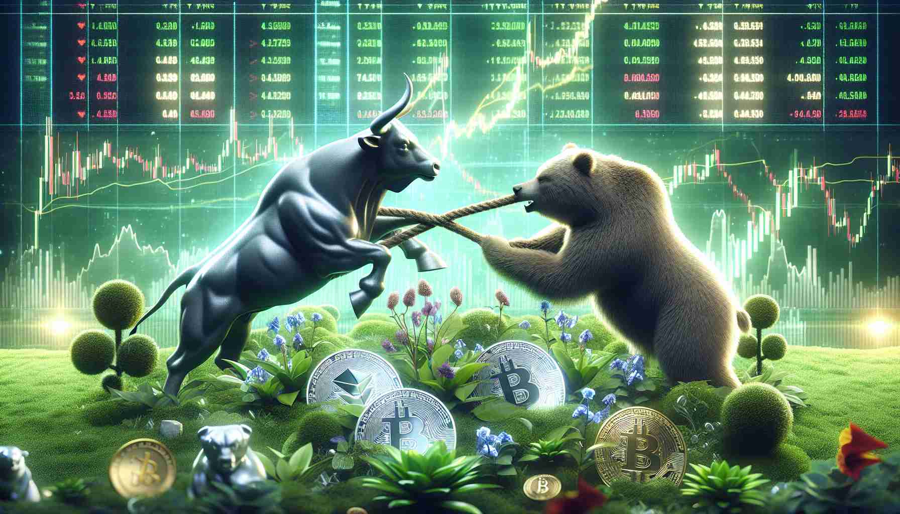 Generate a hyper-realistic, high-definition image symbolizing resilience in the cryptocurrency market. Depict a bull and bear in a tug-of-war, with the bull gaining the upper hand, symbolizing a rally. Surround them with garden-themed flora, silver and gold coins with blurred crypto logos. The background is a market chart with prominent green positive spikes over a stock market screen. The digital screen is glowing with data charts, numbers and graphs that indicate a healthy and growing market.