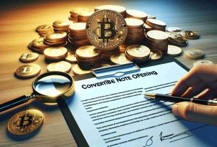 Generate a Realistic HD image of the concept of a company investing more in Bitcoin via increased convertible note offering. Visualize this with a pile of Bitcoin units in high definition at the center, a magnifying glass over it, and a contract paper with the title 'Convertible Note Offering' nearby. The company logo should be replaced with a generic company insignia.