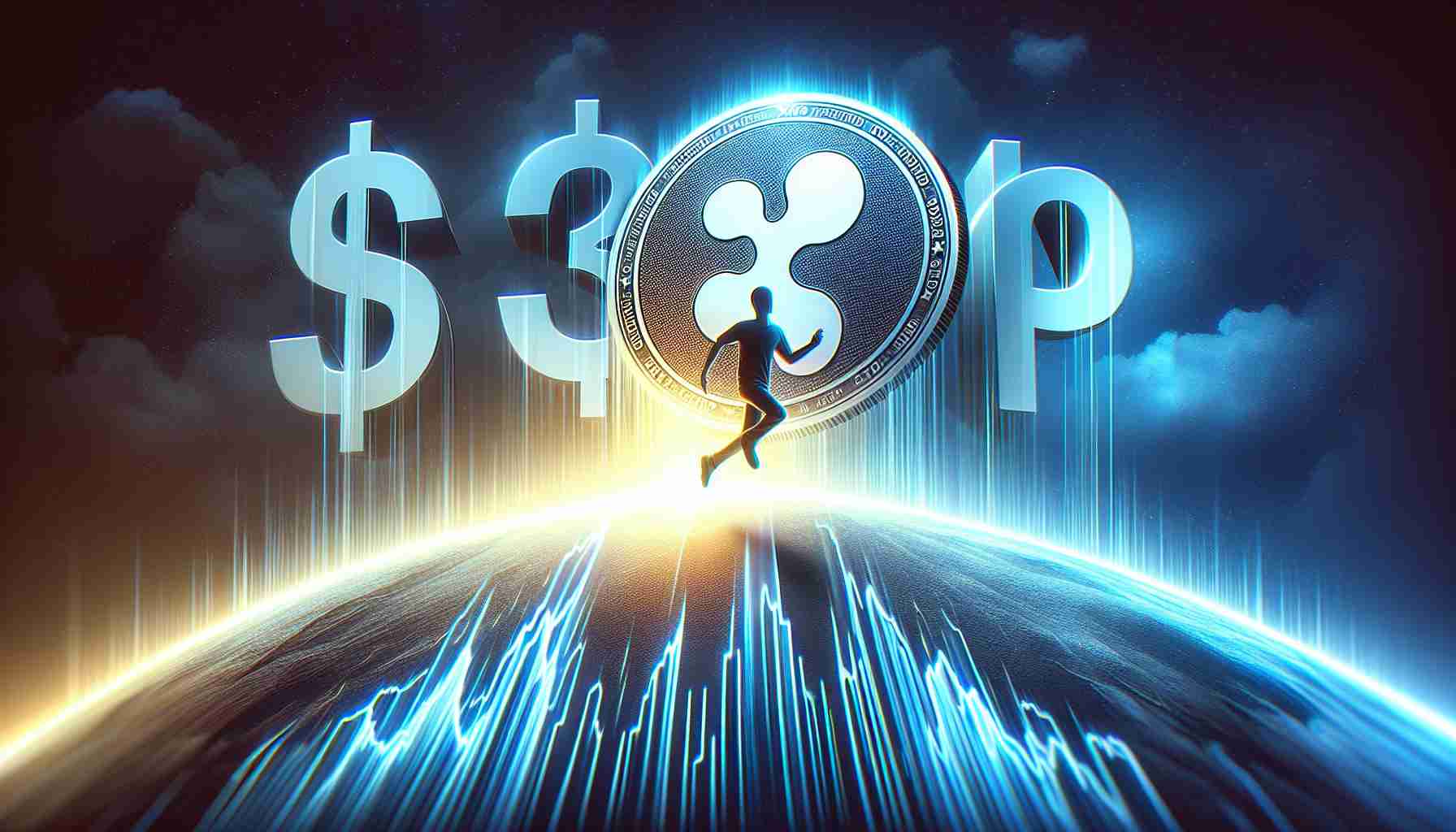 Create a dynamic and detailed image symbolizing the prediction of a significant rise in the value of the cryptocurrency known as XRP. The image should portray the currency's emblem poised for a defining leap, with a figure of $30 prominently displayed to signify the predicted surge in value. The image should be rendered with high-definition quality for a realistic appearance.