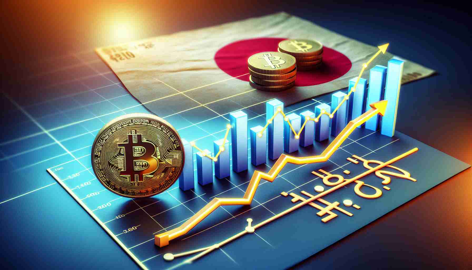 Convey, via a realistic and high-definition image, the concept of Japanese Yen's depreciation positively impacting Bitcoin's prosperity. For instance, visualize a decreasing line graph depicting Yen's value with an increasing line graph for Bitcoin on the same chart. In the background, you could incorporate elements symbolizing Japan and Bitcoin to further illustrate the theme.