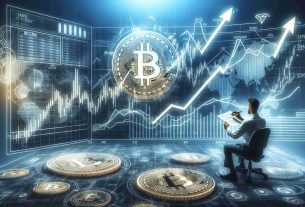 A high-definition, detailed and realistic illustration of a stock market performance chart showcasing upward trends and surges. The chart is set against a backdrop of Bitcoin symbols and motifs, to indicate potential correlation and influence of the stock market performance on Bitcoin's future prices. Integrated into this, an image of an individual studying the data carefully, indicative of a cryptocurrency analyst, analysing, predicting and suggesting that this performance may potentially propel Bitcoin to new record heights. Please also include details such as market percentages, line charts, bar graphs and other related stock market imagery to add to the financial ambience of the illustration.