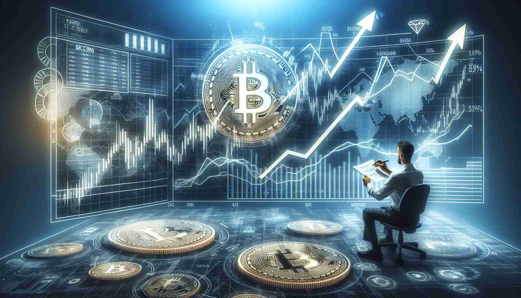 A high-definition, detailed and realistic illustration of a stock market performance chart showcasing upward trends and surges. The chart is set against a backdrop of Bitcoin symbols and motifs, to indicate potential correlation and influence of the stock market performance on Bitcoin's future prices. Integrated into this, an image of an individual studying the data carefully, indicative of a cryptocurrency analyst, analysing, predicting and suggesting that this performance may potentially propel Bitcoin to new record heights. Please also include details such as market percentages, line charts, bar graphs and other related stock market imagery to add to the financial ambience of the illustration.