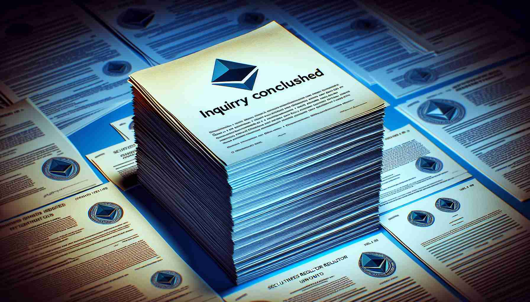 Visualize in detail a high-definition, realistic image representing the inquiry on the cryptocurrency Ethereum 2.0 by the securities regulator ending without any legal action enforced. Showcase this scenario as a metaphor in the form of numerous paper documents, with the Ethereum logo subtly in the background. The topmost document should have the headline 'Inquiry Concluded', without any prominent governmental symbols or law enforcement insignia visible.