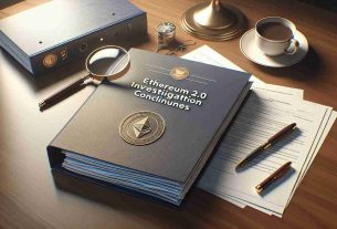 A realistic high-definition illustration of a report titled 'Ethereum 2.0 Investigation Concludes', with the SEC logo on the top. The folder contains several documents, indicating the end of an investigation. The report lays on a large wooden desk, beside a nice pen, a reading magnifying glass, and a neat pile of official-looking papers. Besides, there is a cup of piping hot coffee near the report. The room is softly lit by a nearby table lamp, creating a calm and serene atmosphere.