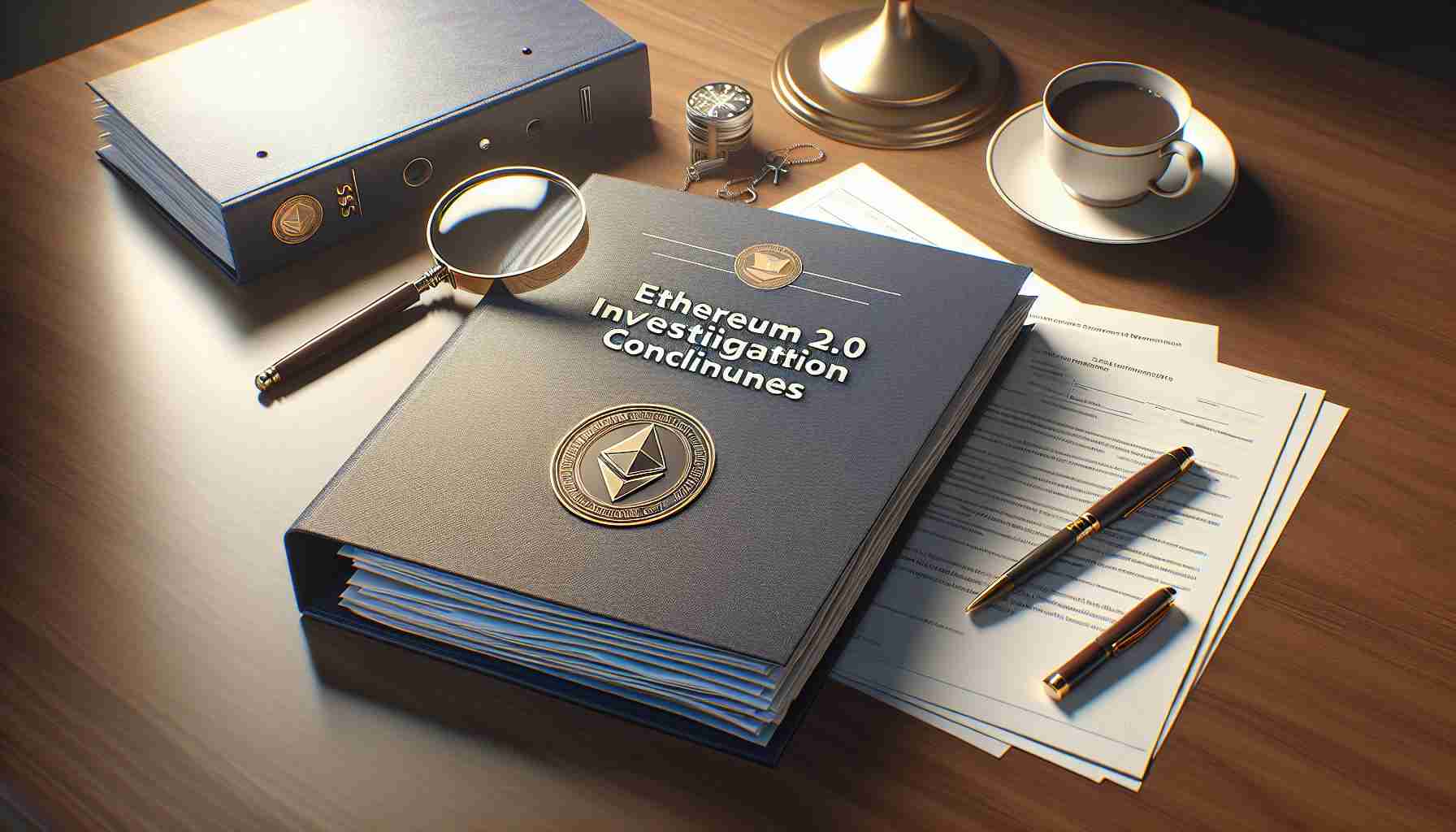 A realistic high-definition illustration of a report titled 'Ethereum 2.0 Investigation Concludes', with the SEC logo on the top. The folder contains several documents, indicating the end of an investigation. The report lays on a large wooden desk, beside a nice pen, a reading magnifying glass, and a neat pile of official-looking papers. Besides, there is a cup of piping hot coffee near the report. The room is softly lit by a nearby table lamp, creating a calm and serene atmosphere.