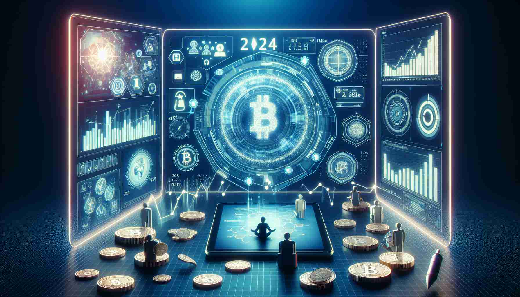 Generate a high-definition realistic image illustrating the concept of Crypto Security Trends in the year 2024. The scene should ideally represent a decrease in digital asset losses, possibly with the aid of charts, graphs, key figures and symbols related to cryptocurrency security enhancements. Encapsulate a futuristic aesthetic to symbolise the mentioned year.