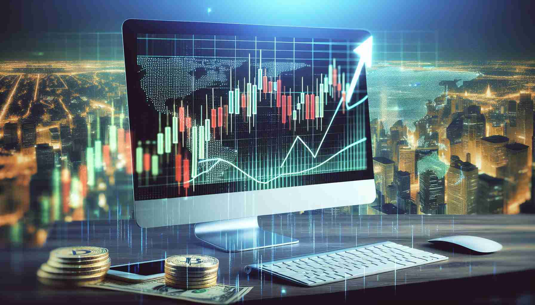 A high-resolution, realistic image displaying the potential uptick in Toncoin and other cryptocurrency trends. The image should include a screen, possibly a computer or mobile device, showing line graphs or charts indicating upward trends. The charts could include colors like green (for gains) or red (for losses). The background might include symbolic elements associated with finance, such as dollar signs, coins, or maybe a skyline of a financial district.