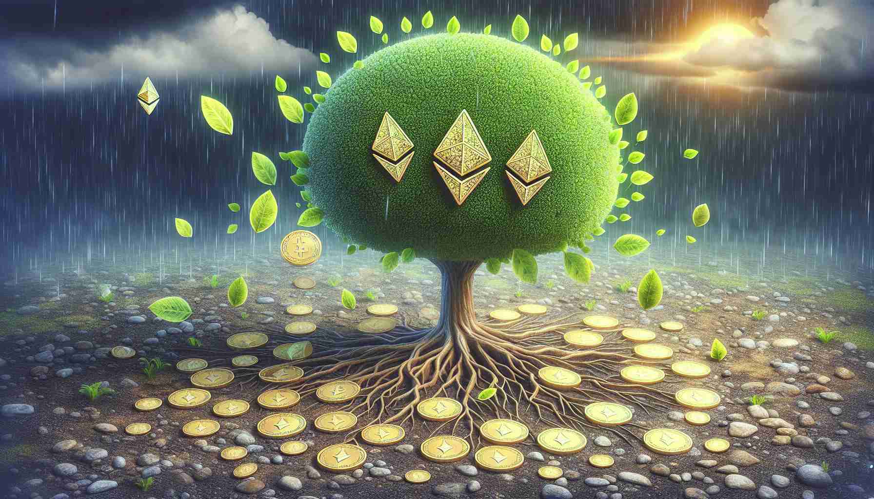 A detailed, high-definition image that visualizes the concept of Ethereum exhibiting robust health through increased transactions despite a price drop. The image could include elements like a strong, healthy tree with leaves made of Ethereum logos, indicating growth. The ground around the tree could be filled with faded Ethereum coins demonstrating the price drop. Constant rain could symbolize the continuous transaction activity. Please avoid showing specific numbers or percentages as these are subject to change.