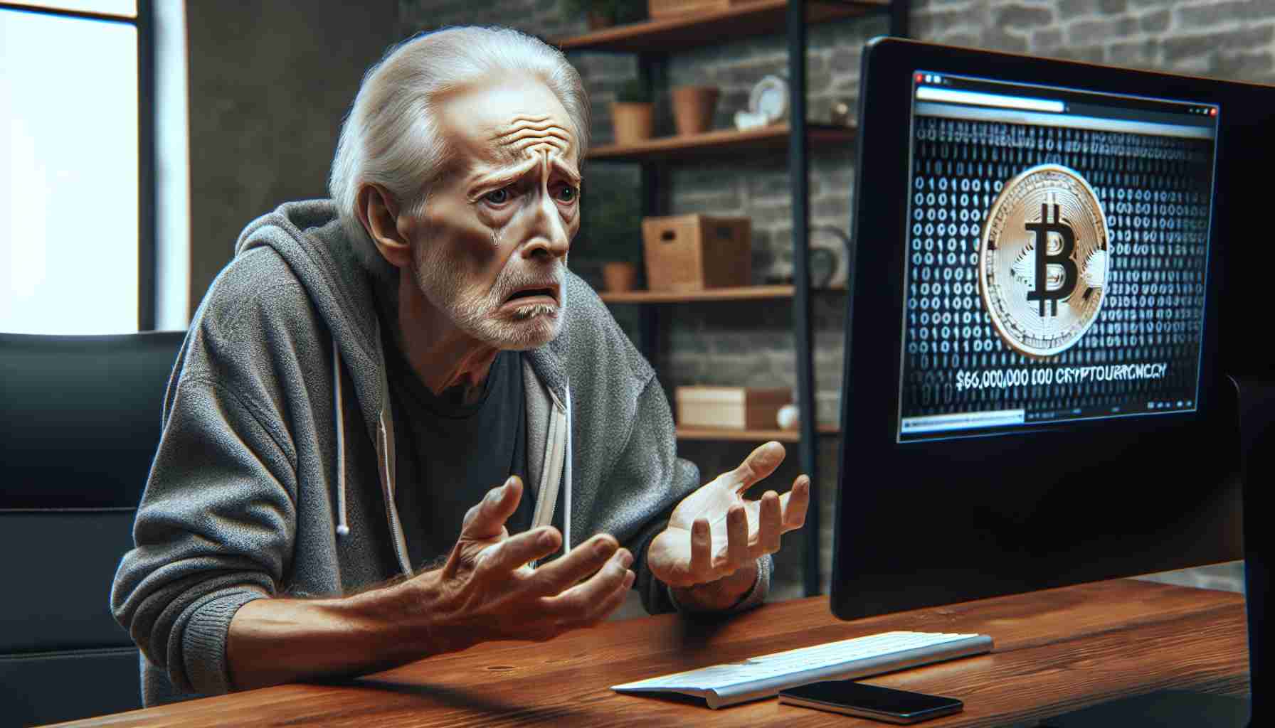 A photorealistic HD imagery capturing the moment of a senior citizen in East Allen Township experiencing the devastating loss from a $60,000 cryptocurrency scam. Visualize the emotion, frustration and disappointment in their expression and surroundings while they're looking at the computer screen showing the loss.