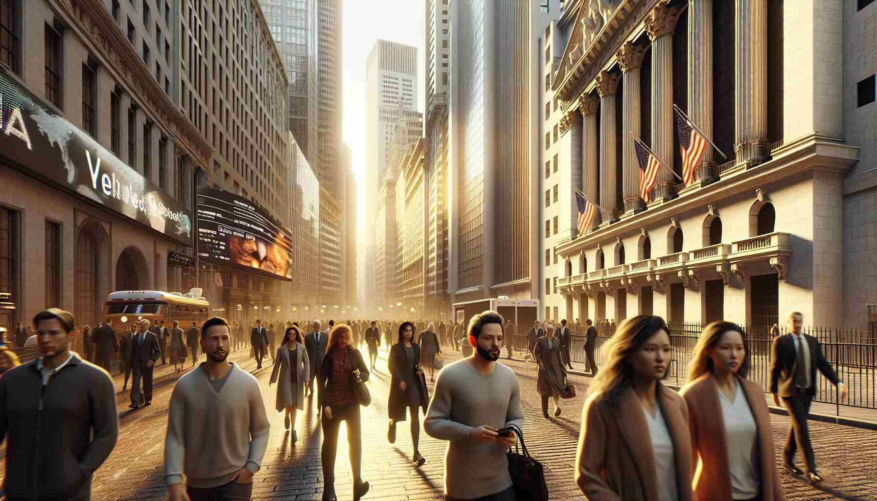 A high-definition image, true to life, of Wall Street. In the foreground, the iconic Wall Street buildings bask in the golden afternoon sun. Pedestrians of diverse descents and genders, including Hispanic and Caucasian men and women, bustle past, their faces reflecting a mix of determination and anticipation. At the sidelines, televisions screens flash the latest financial news. A headline is seen, reading 'Crypto Leaders Face Legal Reckoning'. The tangible sense of tension and excitement cloaks the area as the day's trading resumes and the financial hub rebounds from a temporary setback.