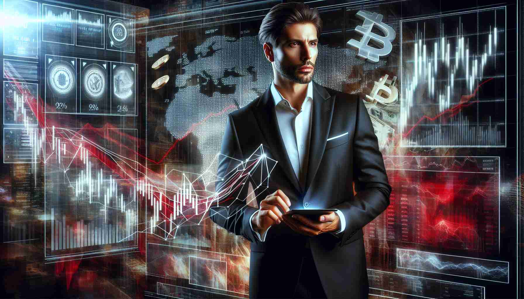 A high-quality, realistic image of an investor, physically-fit Caucasian male in sophisticated business attire, turning his attention towards Non-Fungible Token (NFT) acquisitions on a digital screen, amidst the chaos of a crashing cryptocurrency market. Behind him, information-rich displays show plummeting graphs and red figures, symbolizing the turmoil in the crypto world.