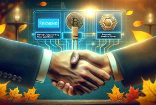 Realistic high-definition image showing a metaphorical representation of a renowned cryptocurrency news platform collaborating with an optimistic financial group in November 2023. The scene might depict two hands shaking, one labelled with the logo of a news platform associated with digital currency and the other labelled with an emblem symbolizing an upbeat financial entity. Autumnal elements subtly hinting at the month of November.