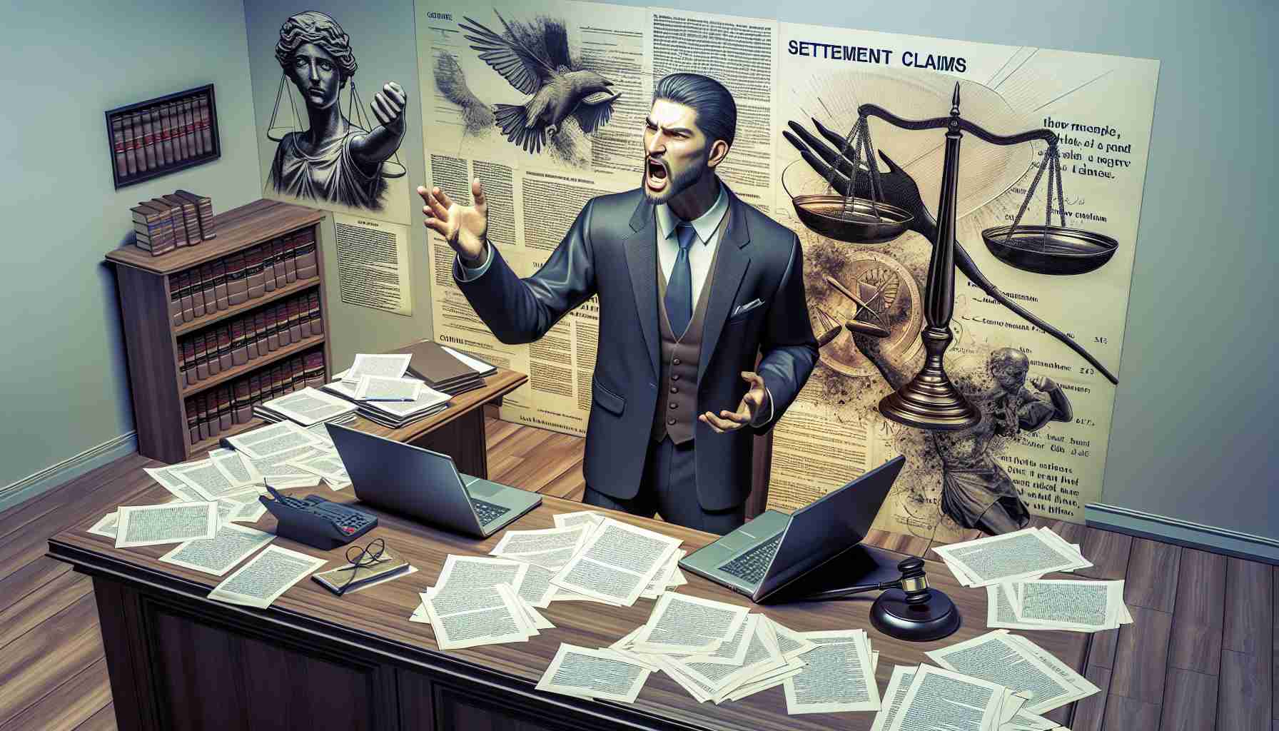 A high-definition, realistic image depicting the scene of a courtroom. A lawyer with a Middle-Eastern descent and male gender is seen passionately arguing a case. Various documents both in print and on a laptop screen make reference to 'Settlement Claims'. The layout and aesthetics of the room reflect a seriousness and solemnity associated with legal proceedings, along with an emblem of scales which is often used to symbolize law and justice. The law firm's banner shows a stylized version of a ripple - the waves spreading out from the point of impact.