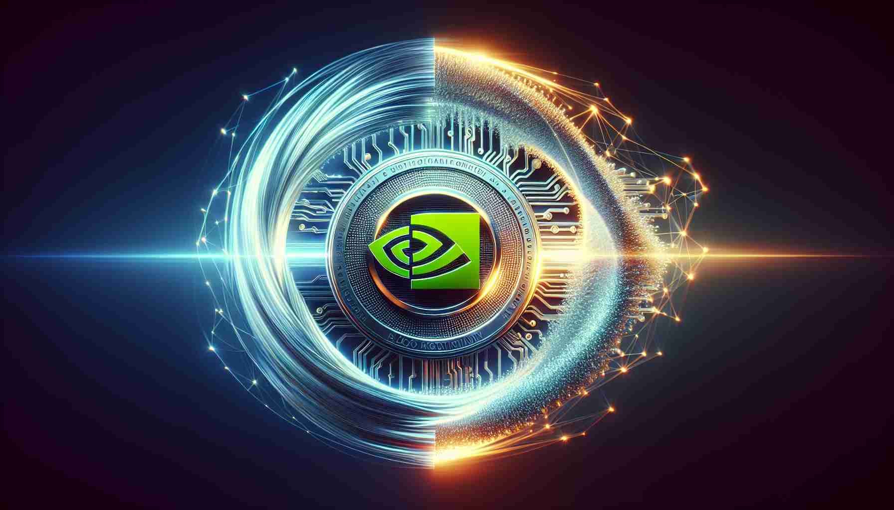 A hyper-realistic, high-definition rendering of a conceptual design illustrating the synergy between Artificial Intelligence and Blockchain technology, embodied by the logo or emblem symbolic of Nvidia. It could be seen as light signals, interpretative of 'momentum', emanating or swirling around the logo, suggesting vigorous movement and high potential. Please ensure all elements are composed harmoniously, preserving a sense of balance and professional aesthetic.