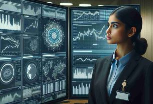 Create a realistic high-definition image of a South Asian female finance analyst in a modern office setting, looking contemplative as she examines a complex data visualization monitor. The screen shows multiple graphs and charts, symbolizing the challenges faced by altcoins in the year 2024. She wears formal business attire and a badge indicating her role as an 'Analyst'. The setting is sleek and futuristic, emphasizing the progress of technology in the financial sector.