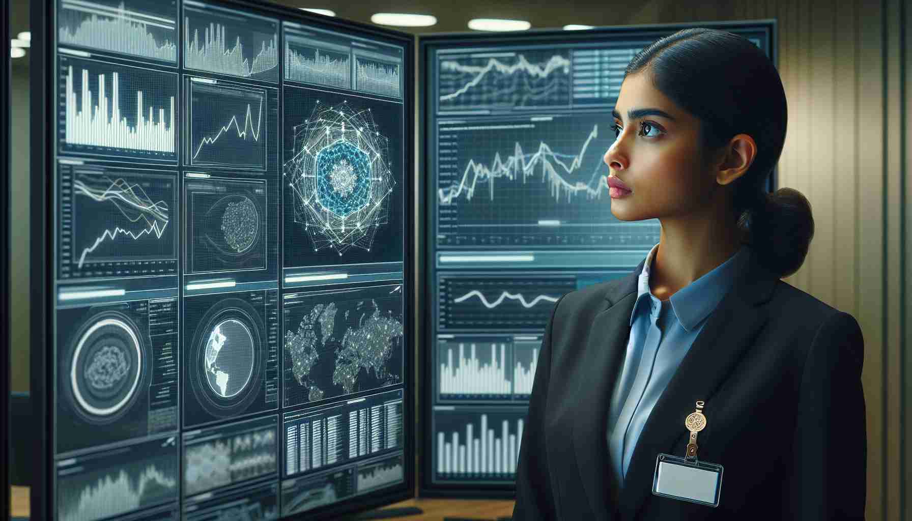 Create a realistic high-definition image of a South Asian female finance analyst in a modern office setting, looking contemplative as she examines a complex data visualization monitor. The screen shows multiple graphs and charts, symbolizing the challenges faced by altcoins in the year 2024. She wears formal business attire and a badge indicating her role as an 'Analyst'. The setting is sleek and futuristic, emphasizing the progress of technology in the financial sector.