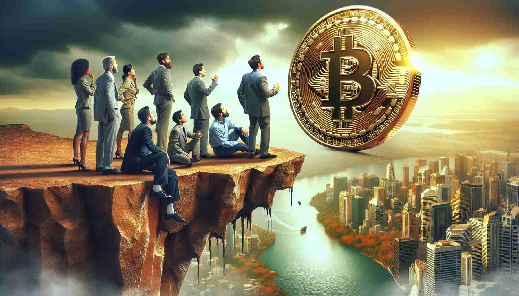 Create a high-definition realistic image representing the concept 'Bitcoin Faces Crucial Test as Support Levels Are Put to the Test'. The scene can feature a large, shiny golden bitcoin symbol teetering precariously on the edge of a cliff or high platform, signifying high stakes and uncertainty. In the background, a diverse group of men and women, of different descent such as Hispanic, Middle-Eastern, Caucasian and Black, watch this scene unfold with varying expressions of concern, anticipation and hope. Perhaps add a dramatic skyline or environment suggesting tumultuous market conditions.