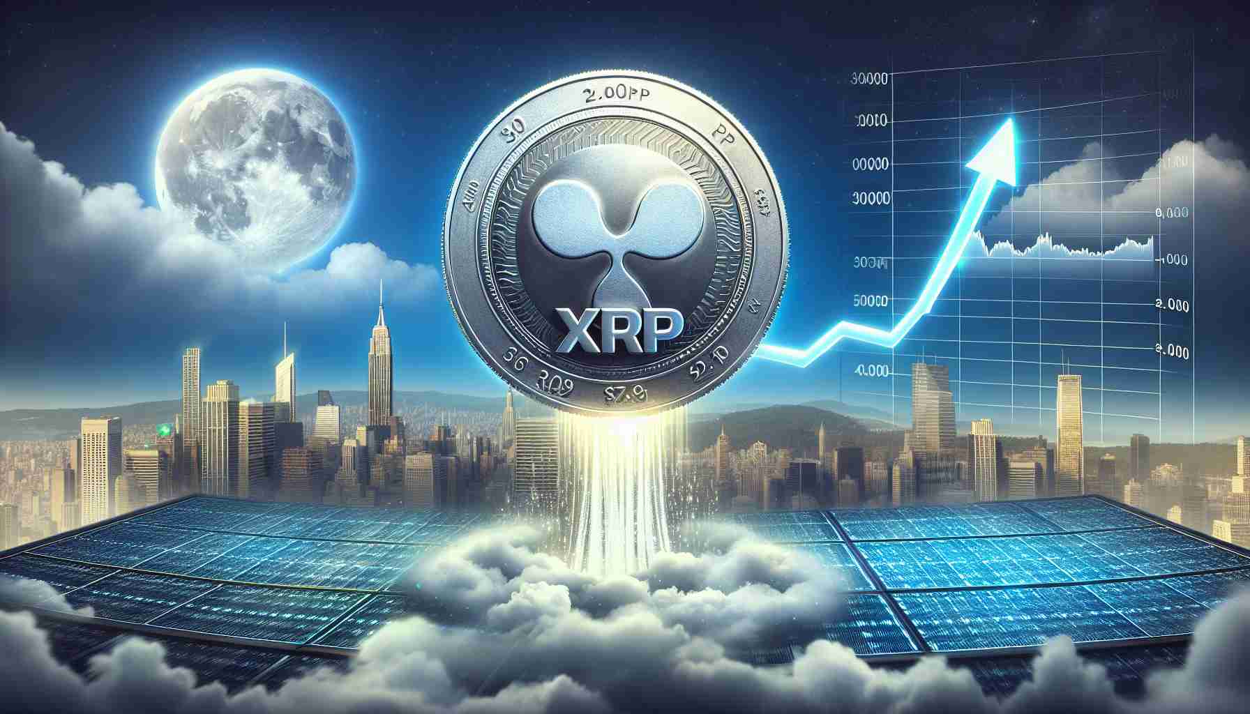 A realistic HD visual representation of a landmark achievement in the XRP Ledger's liquidity. The image should depict a giant, shining silver coin with the XRP logo on it, shooting up through a sky filled with clouds, signifying the sudden increase in liquidity. In the foreground, a detailed analog chart with a rising line illustrates the financial growth. It should be set against a backdrop of a bustling city landscape to embody the rapid urbanization and progress in fintech.