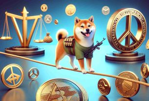 Realistic HD photo of a new virtual currency mascot: A Shiba dog standing on a tightrope surrounded by symbols of war and peace, portraying the balance for the investors.