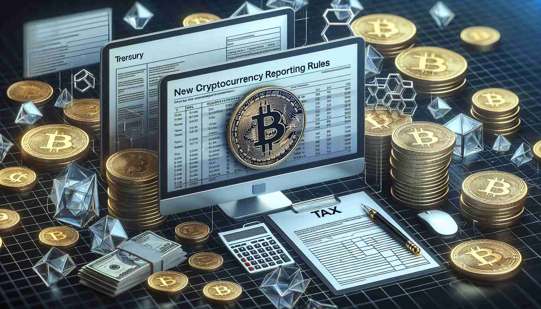 A realistic high-definition image representing the concept of new cryptocurrency reporting rules by the Treasury of an anonymous country to help with tax compliance. The image can include symbolism such as digital coins, computer screens displaying new regulatory texts, tax forms, and the emblem of a generic Treasury institution.