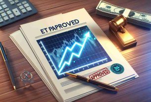 Create a high-definition, realistic image representing the potential approval of an ETF which could catalyze a market breakthrough for the Solana cryptocurrency. This may be symbolized as a graph on the rise, indicating a positive price movement, or a document stamped with 'approved', with the Solana logo in the background.