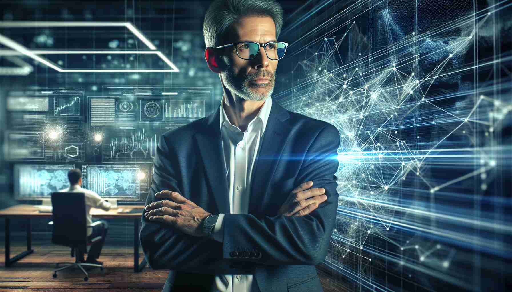 Create a realistic high definition image of a technology-led scenario where an entrepreneur of Maltese descent is leading the development of a groundbreaking blockchain network. The entrepreneur can be a middle-aged man, with glasses and salt & pepper hair, wearing business casual attire. The backdrop could be an office filled with screens displaying graphs and codes, reflecting the digital nature of blockchain technology. The atmosphere should be dynamic and filled with energy, capturing the revolutionary aspect of the blockchain network he's spearheading.