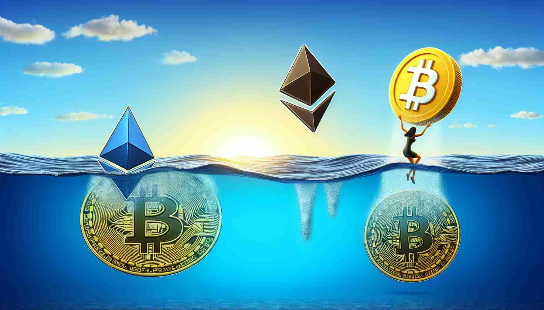 A realistic high-definition illustration symbolizing the mixed signals in the crypto market. This should feature representative symbols or icons for Bitcoin and Ethereum submerged or sinking below an ocean's surface to represent a dip in their value, while a symbol or icon for XRP soars high above, signifying a gain in its value. Please be noted that this image should metaphorically depict the fluctuating trends in the cryptocurrency market and not include any specific figures.