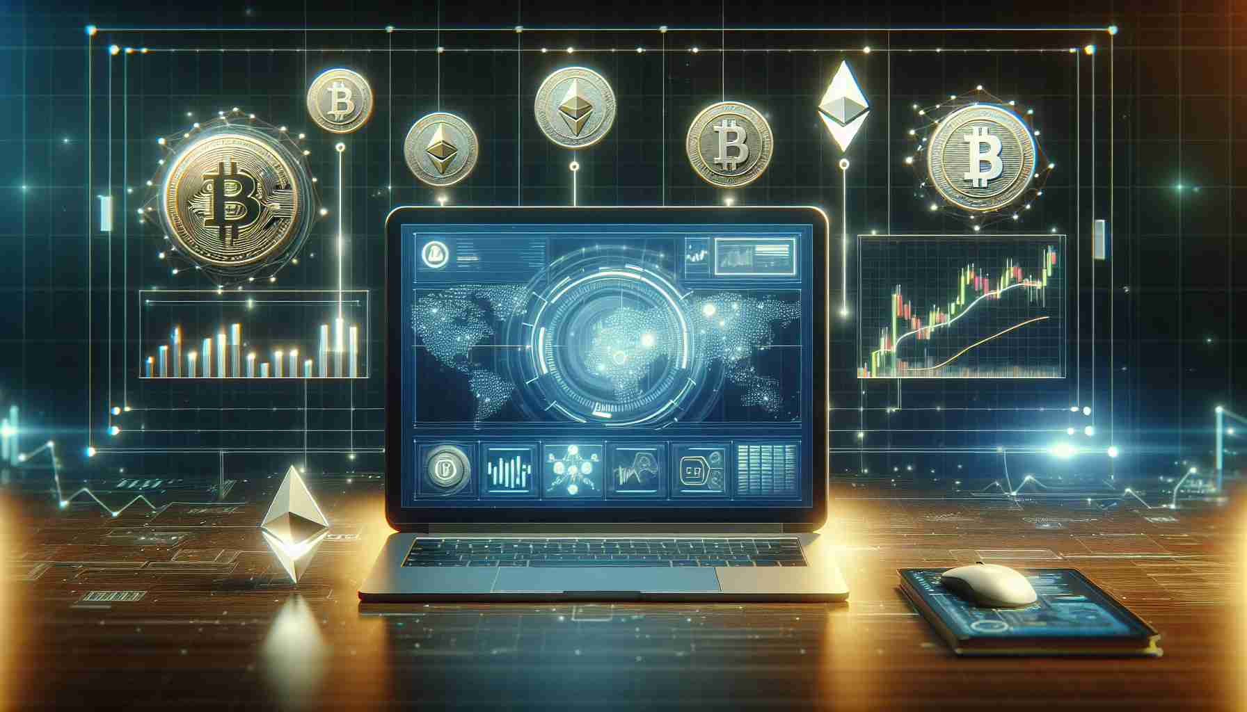 Display a high-resolution, realistic image that represents the concept of crypto futures trading in a novel and innovative manner. The scene could include a digital platform interface showcasing the trading process, accompanied by symbols representing cryptocurrency like Bitcoin, Ethereum, and other digital assets. Make sure the overall aesthetic suggests advanced technology and a secure digital environment. Please do not include any specific branding or logos in the image.