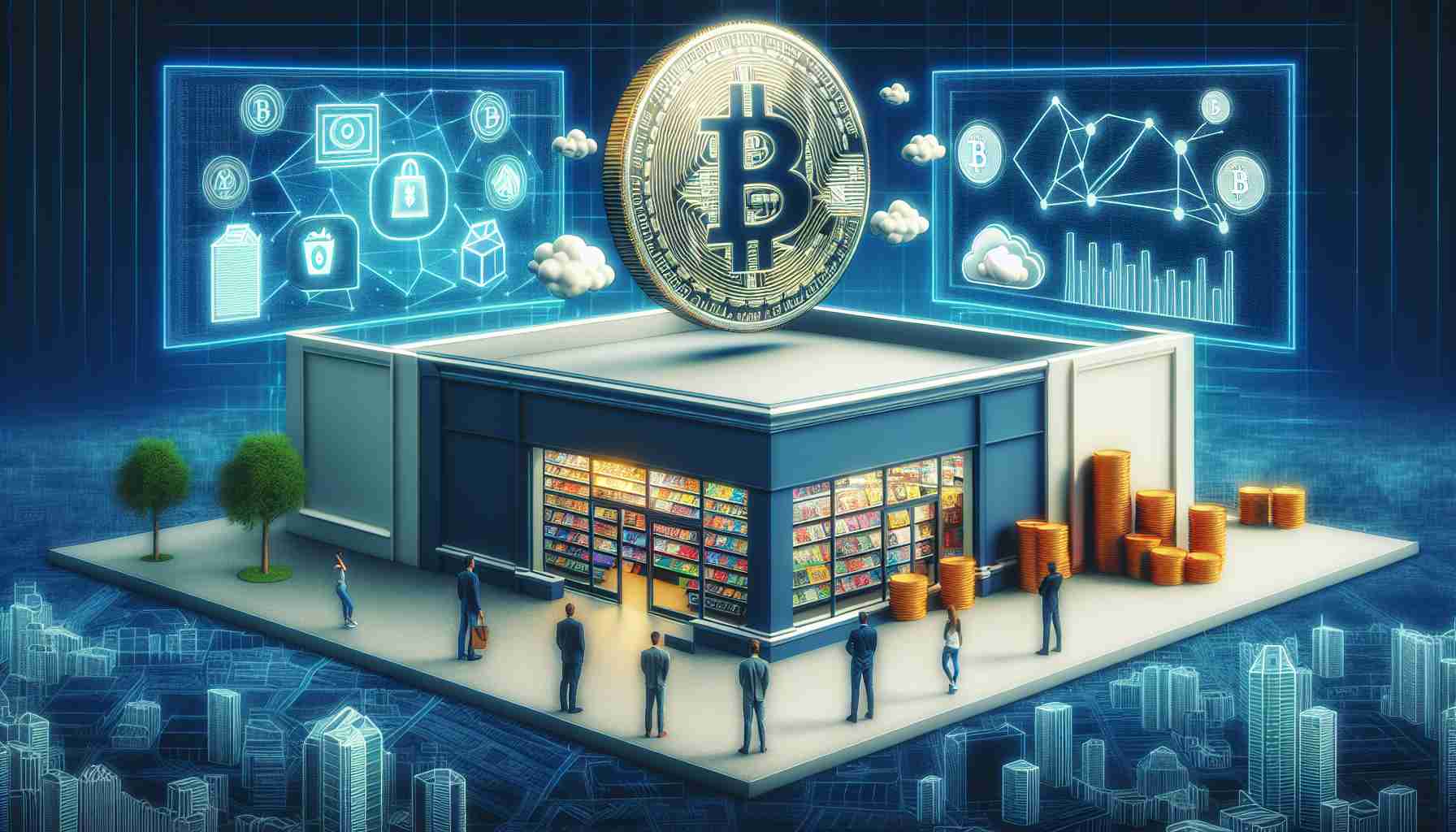 An illustrative concept showing a realistic high-definition image of a retail game store contemplating a strategy for incorporating digital currency, represented by a large symbol of Bitcoin.