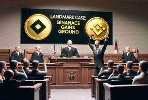 Render a HD realistic visualization of a courtroom scene showing a jubilant defendant team represented as a Binance logo celebrating a victory, with the backdrop of a displeased SEC emblem signifying a loss. The judge's bench should also be visible. Write the headline 'Landmark Case: Binance Gains Ground' in bold, capitalized letters at the top of the image.