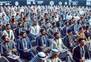 Render an image of 'Blockchain Life 2024: A High-Profile Gathering in Dubai's Crypto Scene'. Picture a large conference room filled with attendees engrossed in a riveting discussion on cryptocurrency. Ensure a good representation of various genders and descents among the attendees. Depict a mix of Middle-Eastern, Hispanic, Caucasian, Black, and Asian attendees. Some are engaged in conversation while others listen intently to the speaker. Everyone is dressed in professional attire with lanyards and ID badges, some on their laptops reviewing digital currencies, others jotting down notes. The backdrop of the stage banners should scream everything blockchain and crypto.